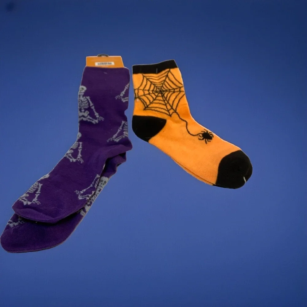 Halloween Socks Bundle purple with skeletons and orange with spiders‎ two pairs